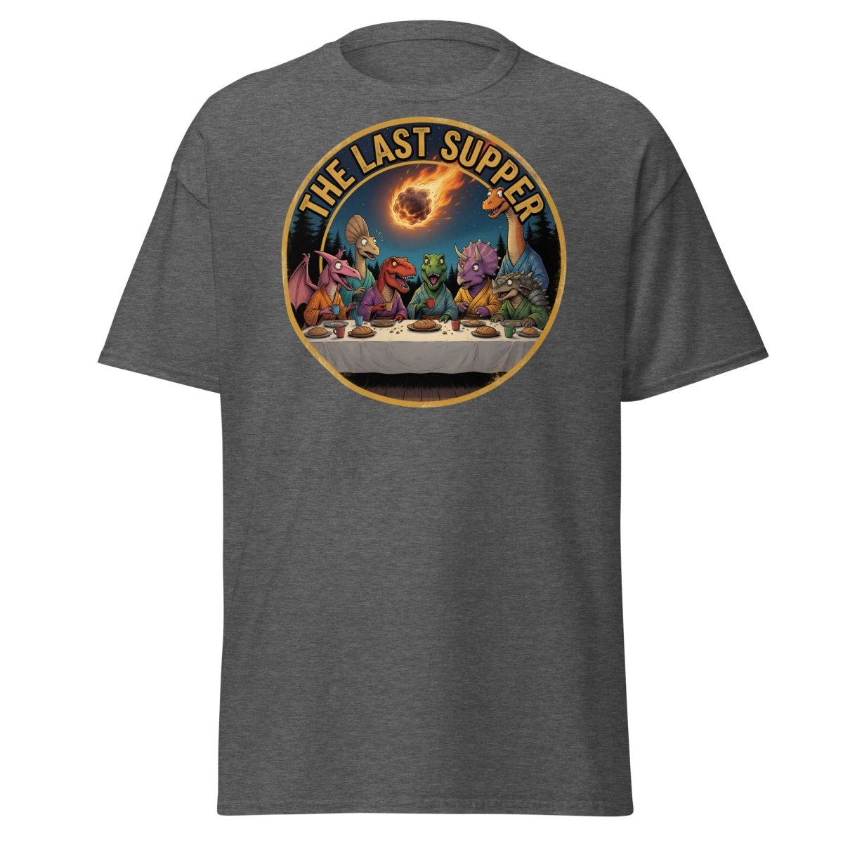 The Last Supper Dinosaur T-Shirt - Funny Dino Apocalypse Tee - Dark Heather - TeeRipple