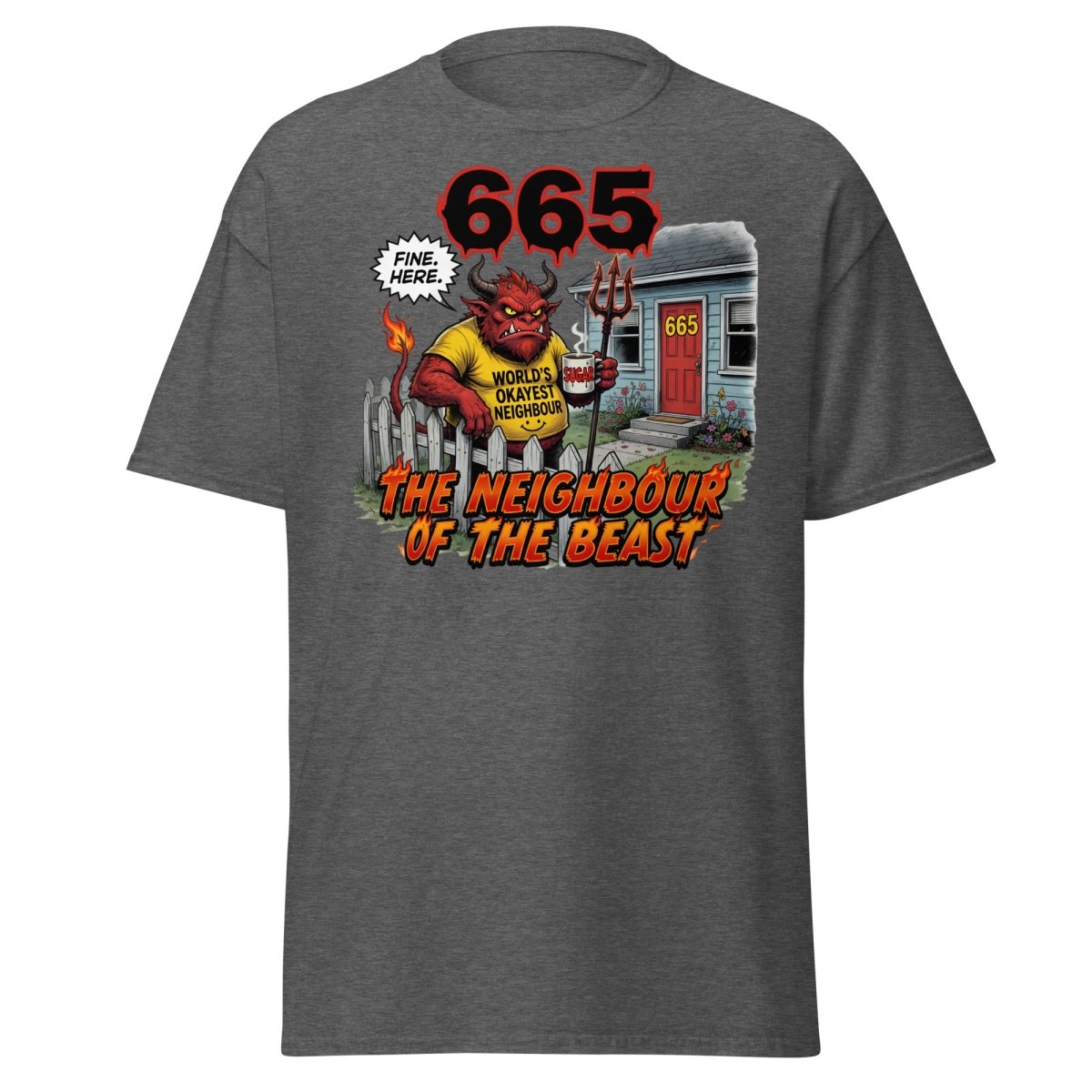 The Neighbour of the Beast Funny Devil T-Shirt - Dark Heather - TeeRipple