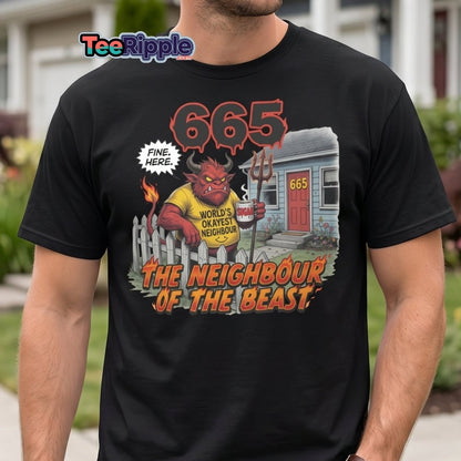 The Neighbour of the Beast Funny Devil T-Shirt - Maroon - TeeRipple