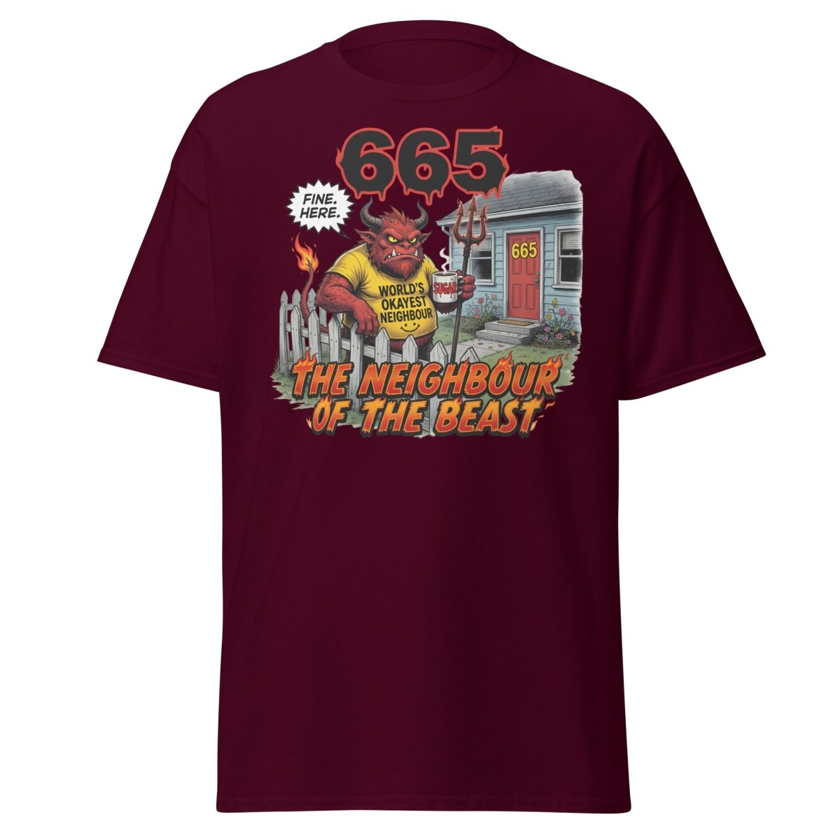 The Neighbour of the Beast Funny Devil T-Shirt - Maroon - TeeRipple