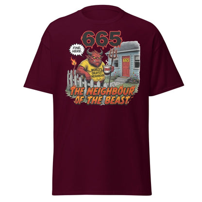 The Neighbour of the Beast Funny Devil T-Shirt - Maroon - TeeRipple