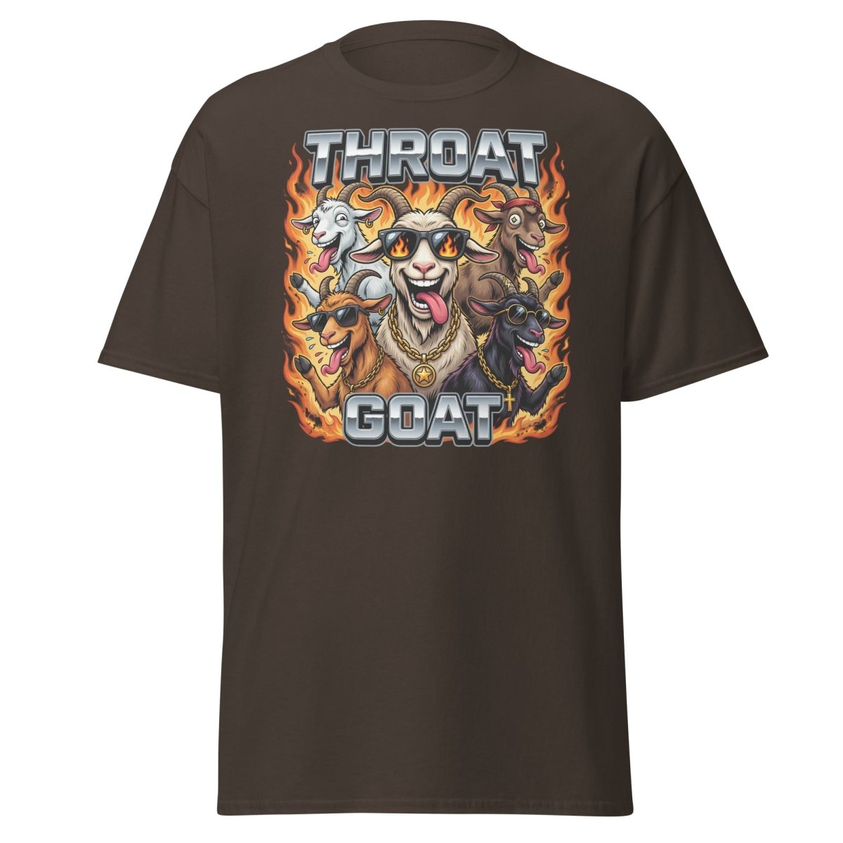 Throat Goat Funny T-Shirt - Cartoon Goat Humor Tee - Dark Chocolate - TeeRipple