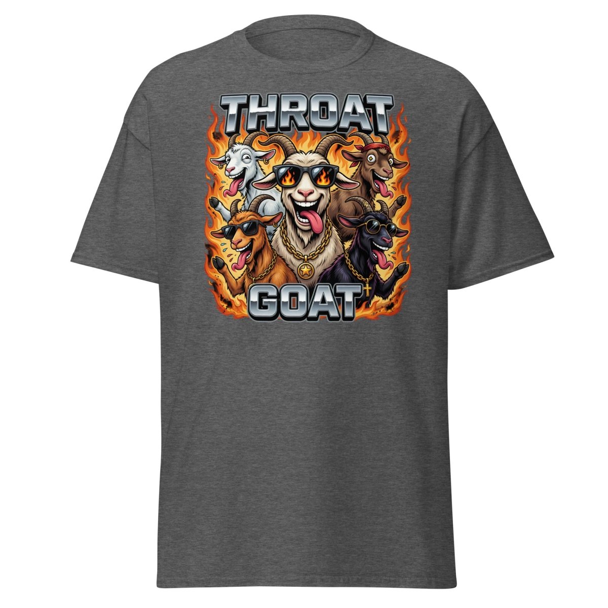 Throat Goat Funny T-Shirt - Cartoon Goat Humor Tee - Dark Heather - TeeRipple