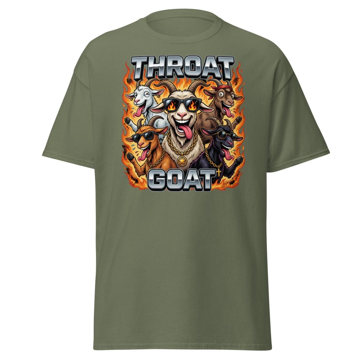 Throat Goat Funny T-Shirt - Cartoon Goat Humor Tee - Military Green - TeeRipple