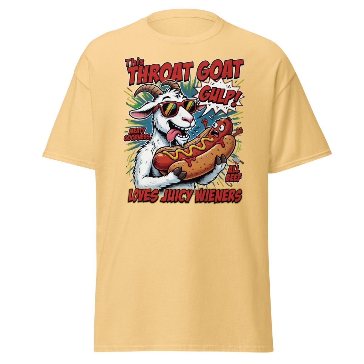 Throat Goat T-Shirt – Funny Hot Dog Adult Humor Tee - Yellow Haze - TeeRipple