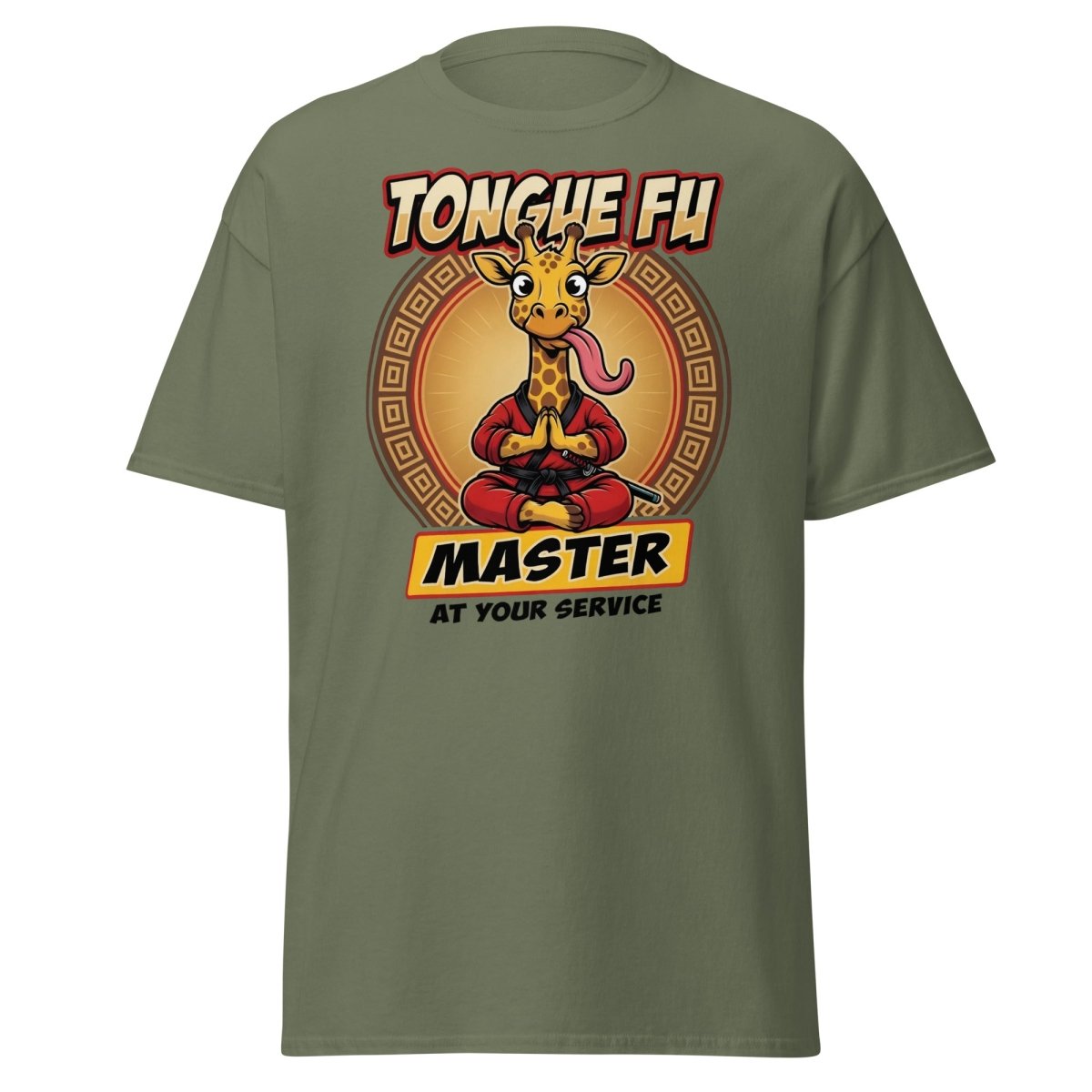 Tongue Fu Master Giraffe T-Shirt – Funny Kung Fu Pun Tee - Military Green - TeeRipple