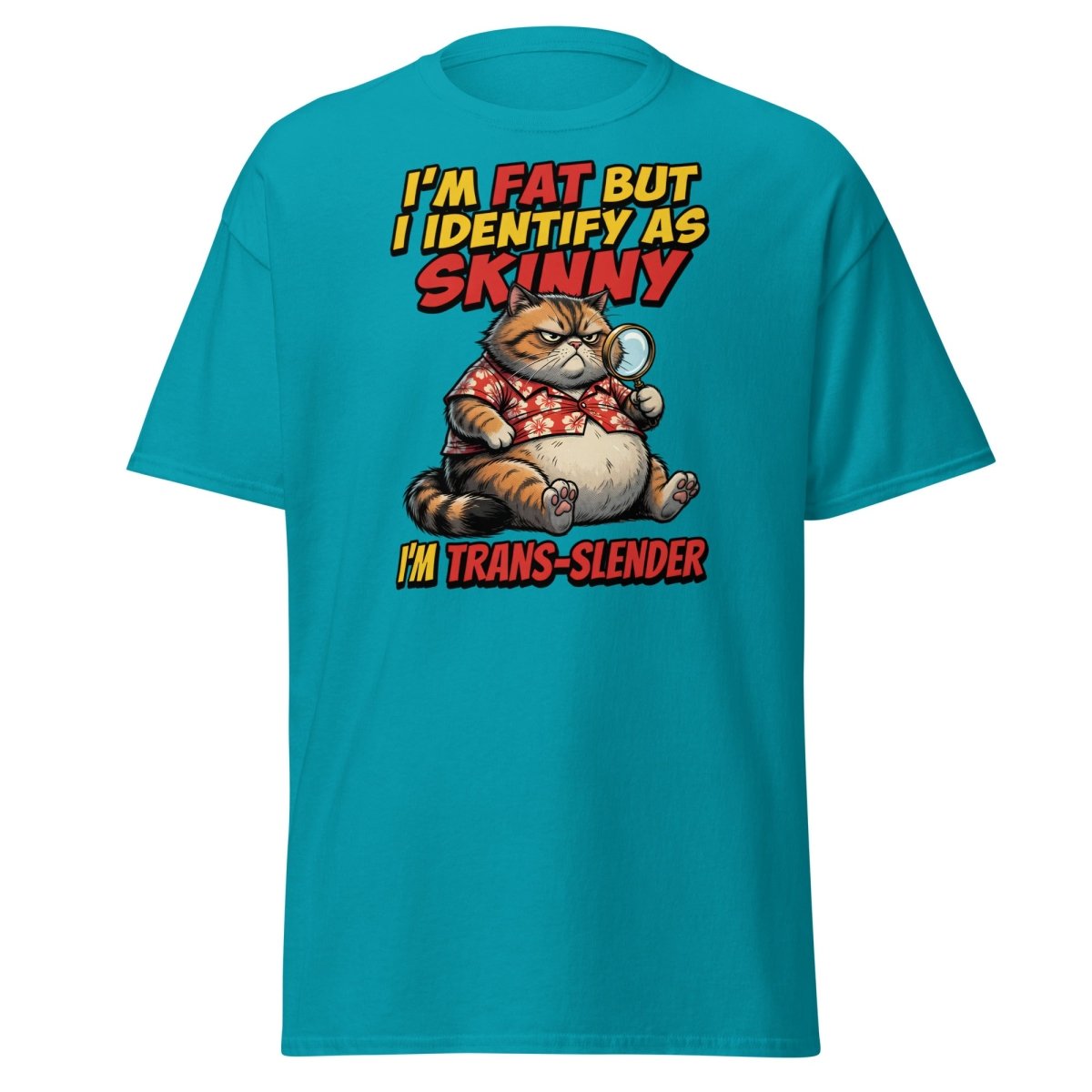 Trans-Slender Cat T-Shirt | Funny Fat Cat Identity Humor Tee - Tropical Blue - TeeRipple
