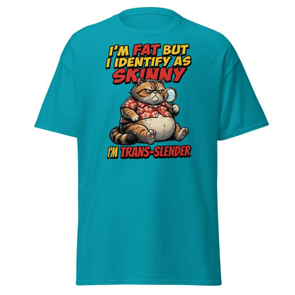 Trans-Slender Cat T-Shirt | Funny Fat Cat Identity Humor Tee - Tropical Blue - TeeRipple
