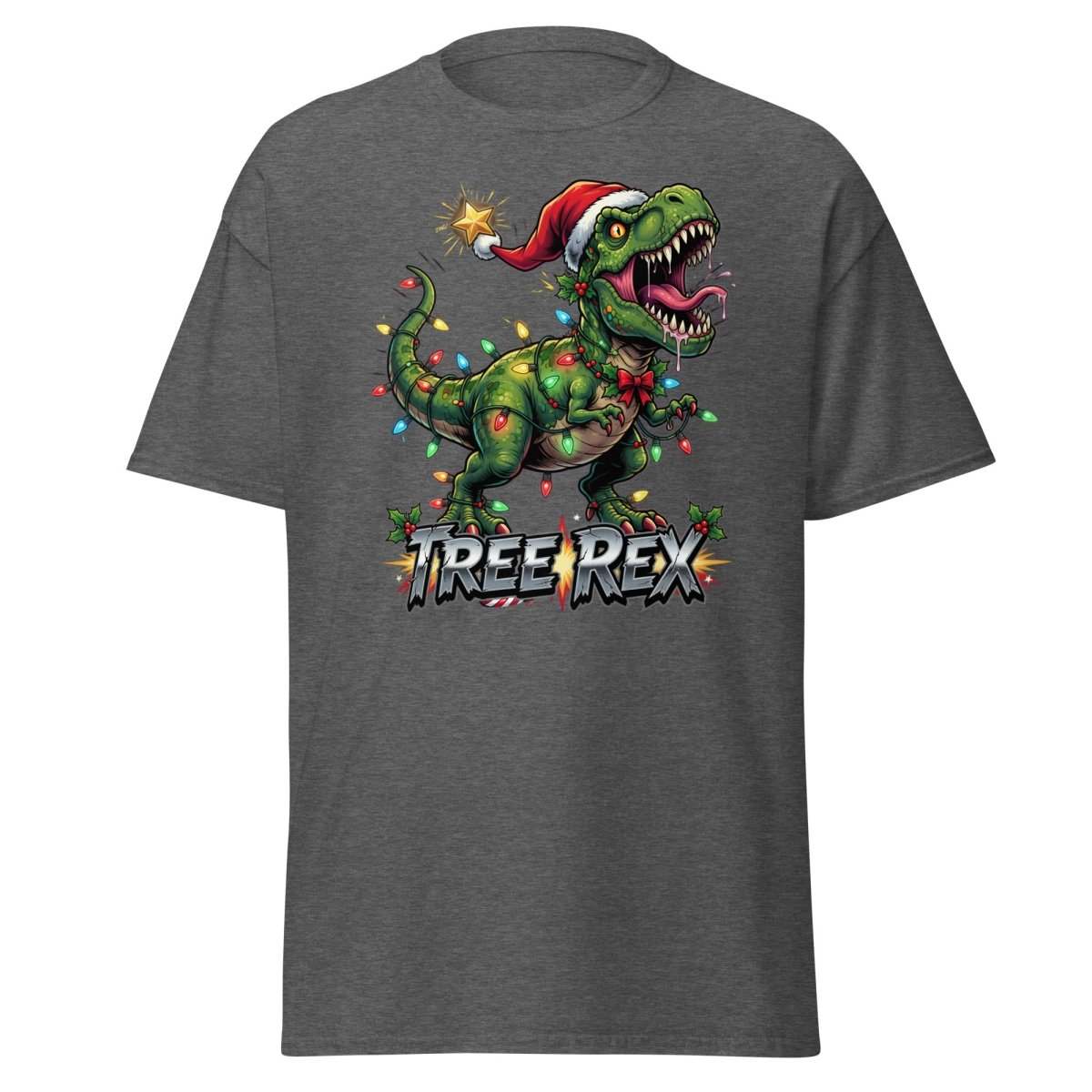 Tree Rex Christmas T-Shirt - Funny T - Rex Holiday Tee - Dark Heather - TeeRipple