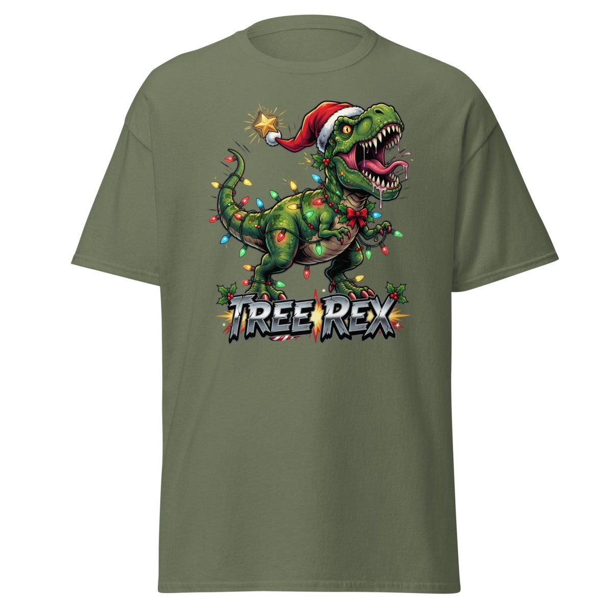 Tree Rex Christmas T-Shirt - Funny T - Rex Holiday Tee - Military Green - TeeRipple