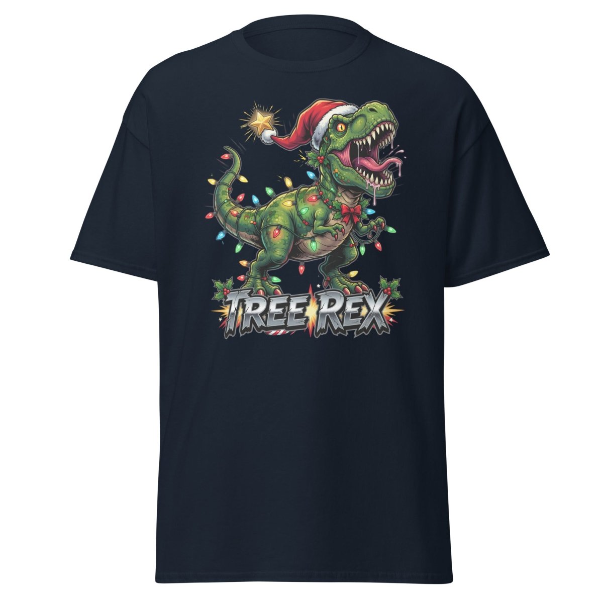 Tree Rex Christmas T-Shirt - Funny T - Rex Holiday Tee - Navy - TeeRipple
