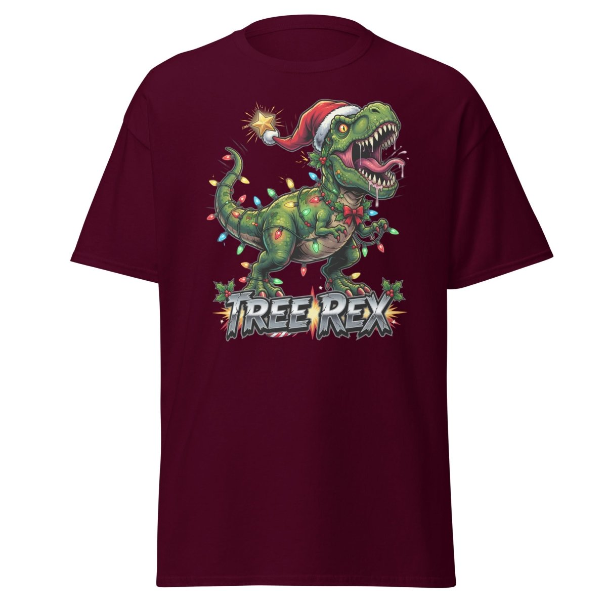 Tree Rex Christmas T-Shirt - Funny T - Rex Holiday Tee - Maroon - TeeRipple