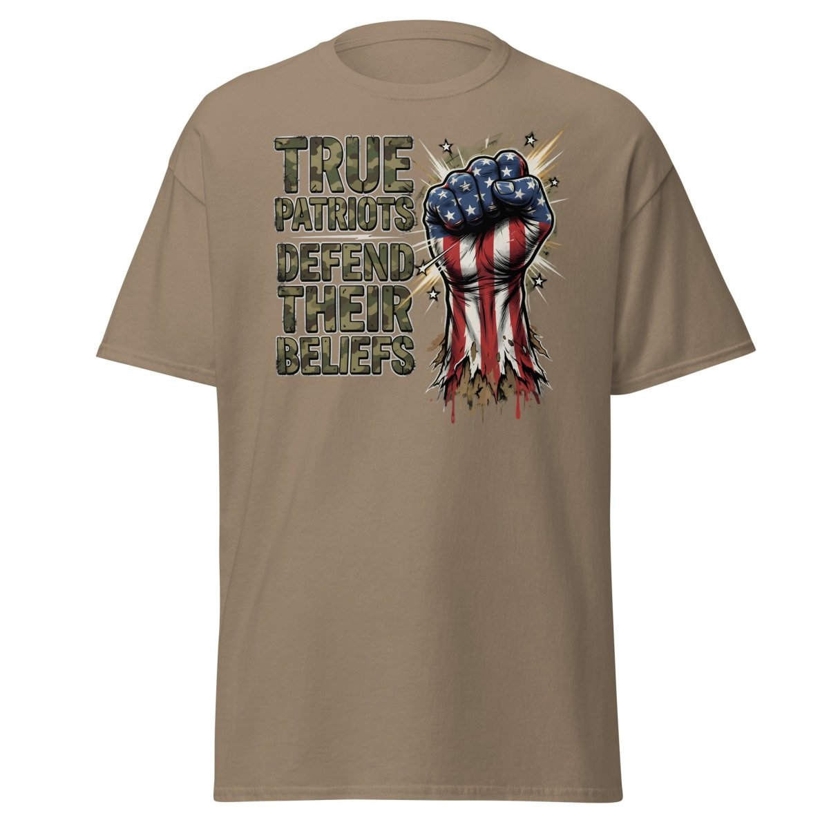 True Patriots Defend Their Beliefs Patriotic Fist T-Shirt - Brown Savana - TeeRipple