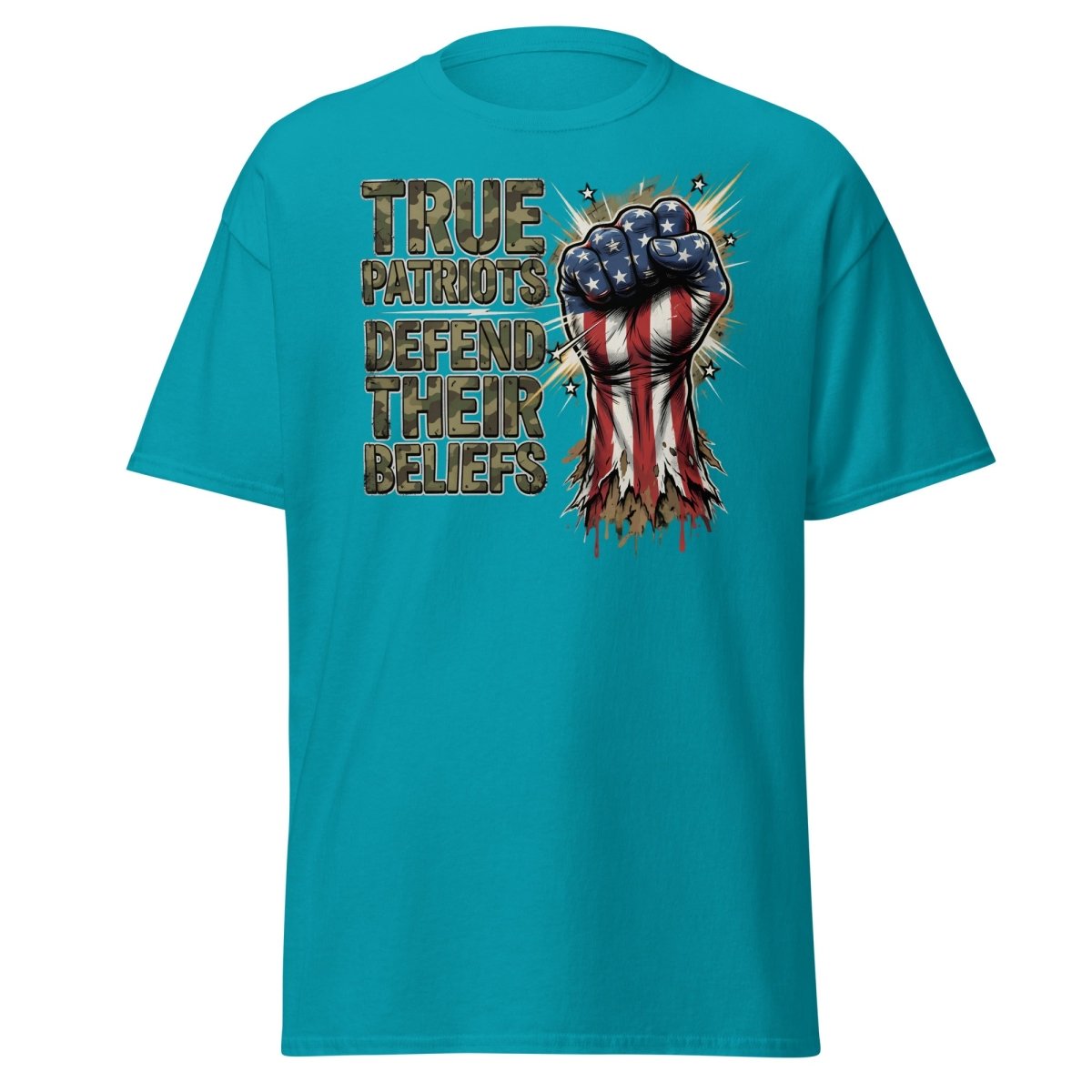 True Patriots Defend Their Beliefs Patriotic Fist T-Shirt - Tropical Blue - TeeRipple