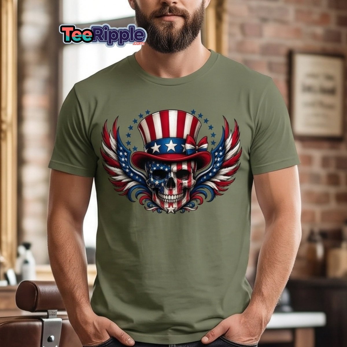 Uncle Sam Skull Patriotic Graphic Tee - Maroon - TeeRipple
