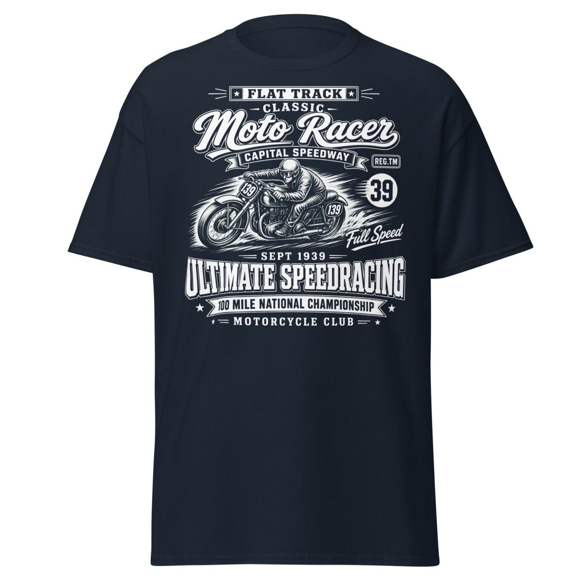 Vintage 1939 Flat Track Classic Moto Racer T-Shirt - Navy - TeeRipple