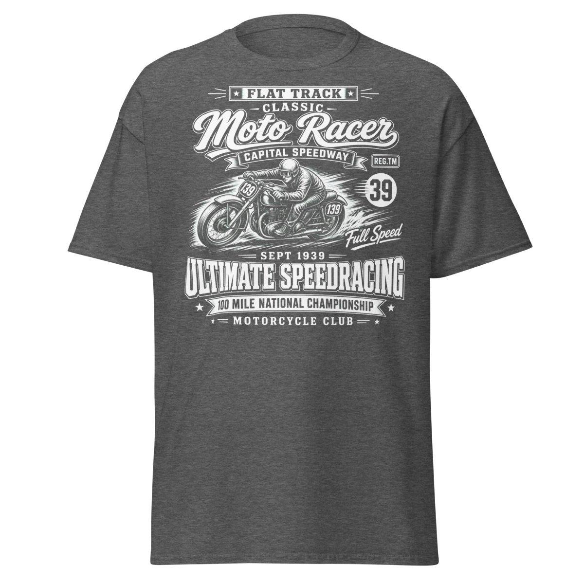 Vintage 1939 Flat Track Classic Moto Racer T-Shirt - Dark Heather - TeeRipple