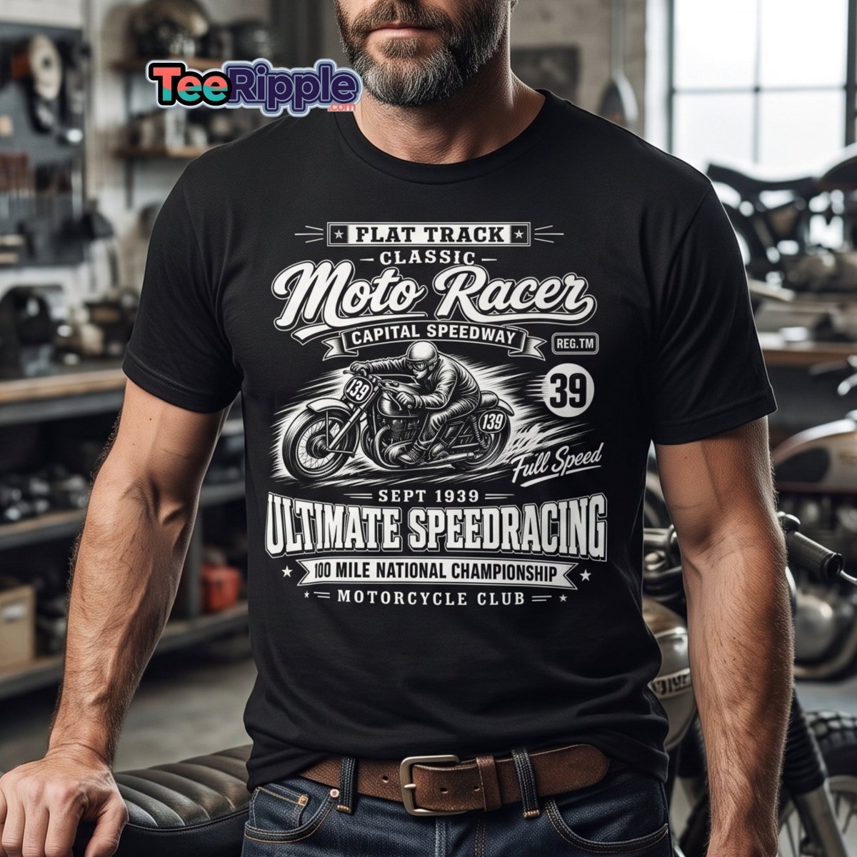 Vintage 1939 Flat Track Classic Moto Racer T-Shirt - Maroon - TeeRipple