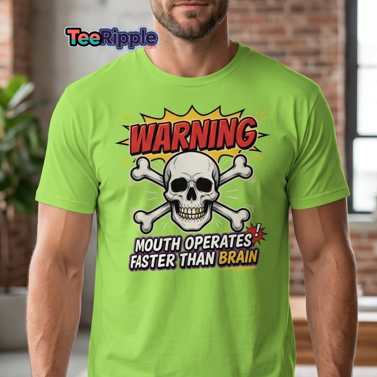 Warning Mouth Operates Faster Than Brain Skull T-Shirt - Black - TeeRipple