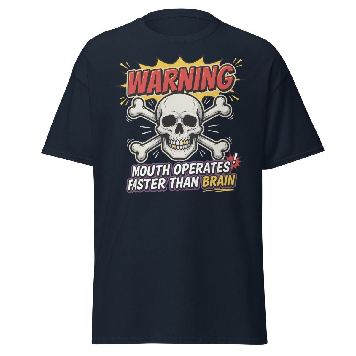 Warning Mouth Operates Faster Than Brain Skull T-Shirt - Navy - TeeRipple