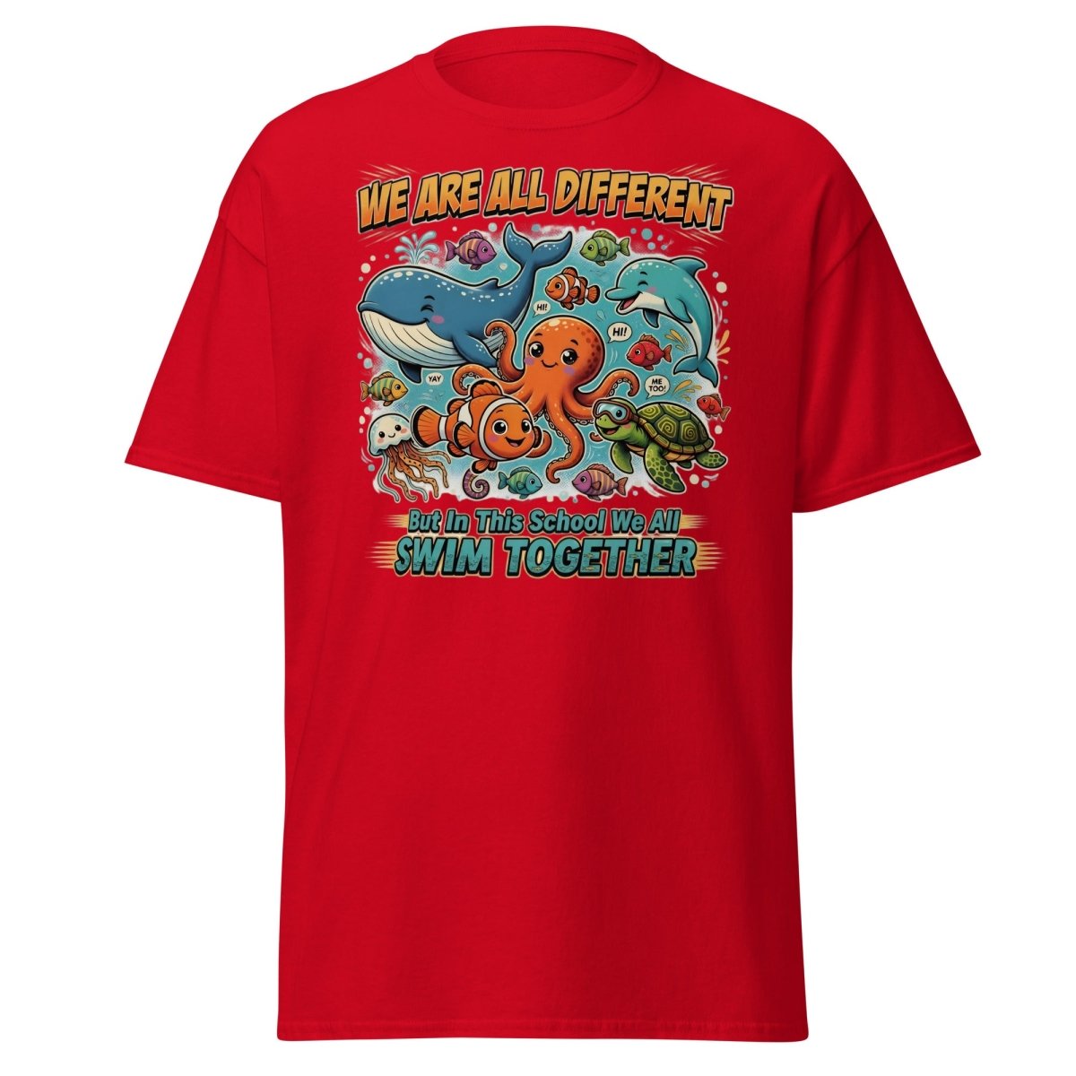 We Are All Different Swim Together Ocean Animals T-Shirt - Red - TeeRipple