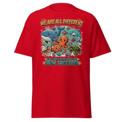 We Are All Different Swim Together Ocean Animals T-Shirt - Red - TeeRipple
