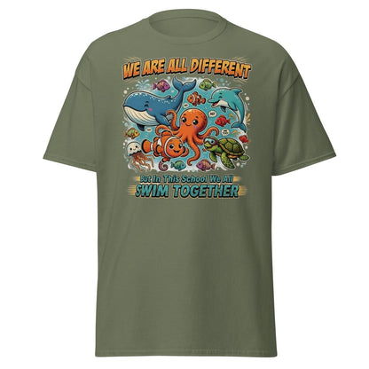 We Are All Different Swim Together Ocean Animals T-Shirt - Military Green - TeeRipple