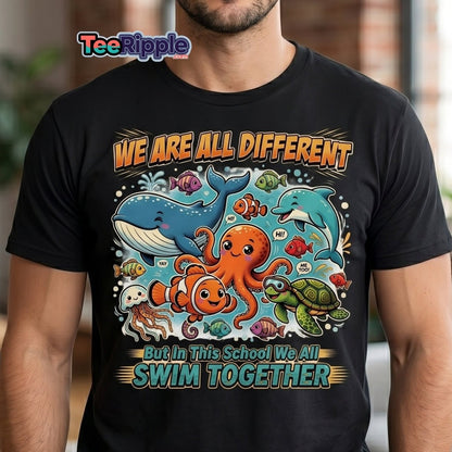 We Are All Different Swim Together Ocean Animals T-Shirt - Maroon - TeeRipple
