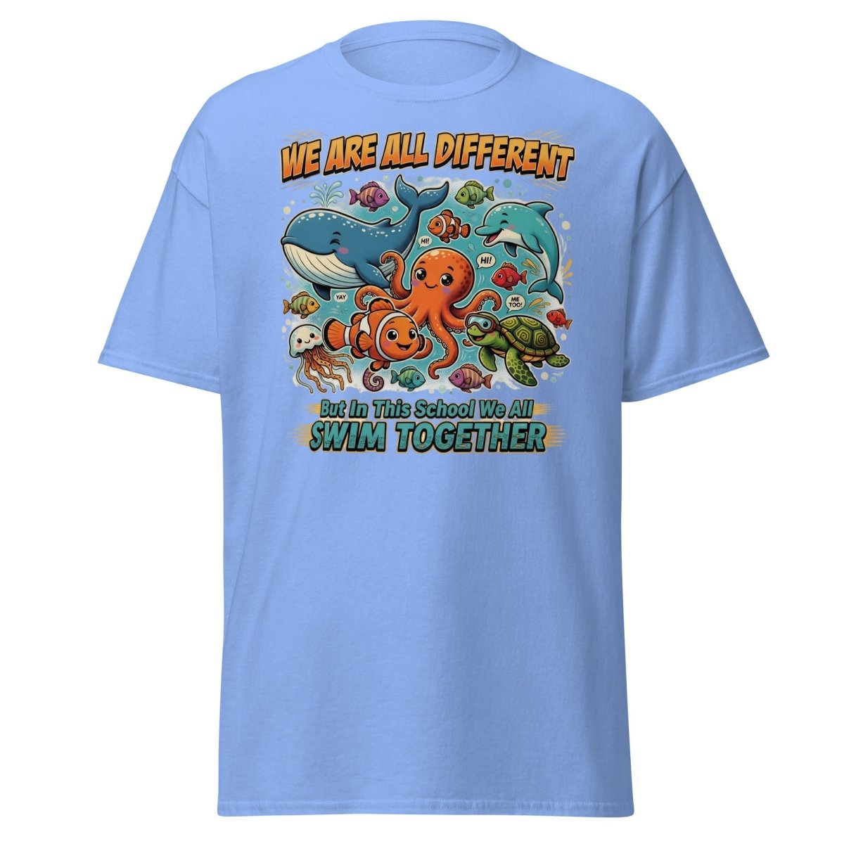 We Are All Different Swim Together Ocean Animals T-Shirt - Carolina Blue - TeeRipple