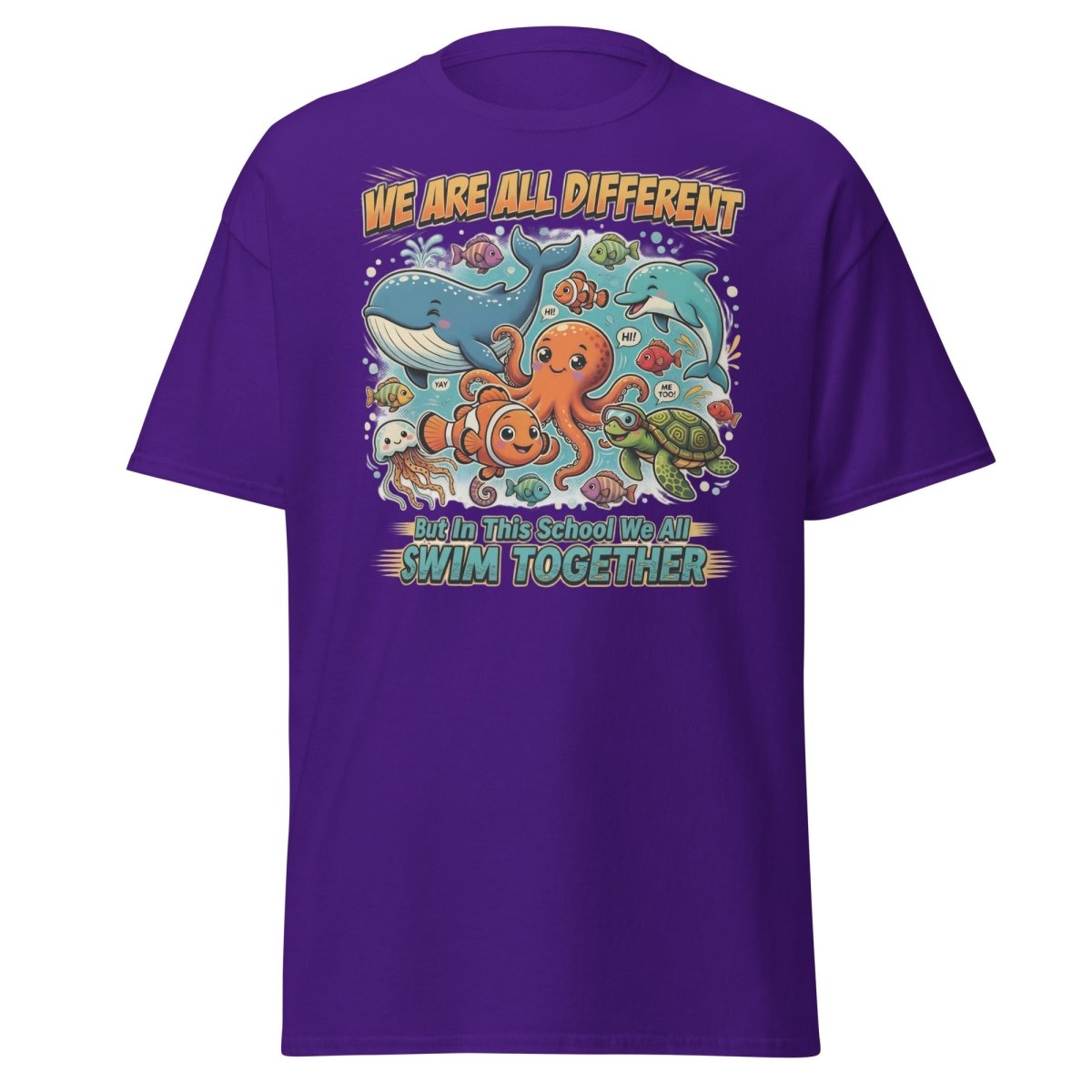 We Are All Different Swim Together Ocean Animals T-Shirt - Purple - TeeRipple