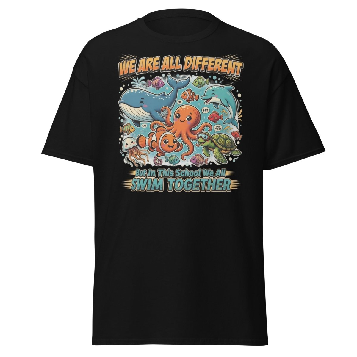 We Are All Different Swim Together Ocean Animals T-Shirt - Black - TeeRipple