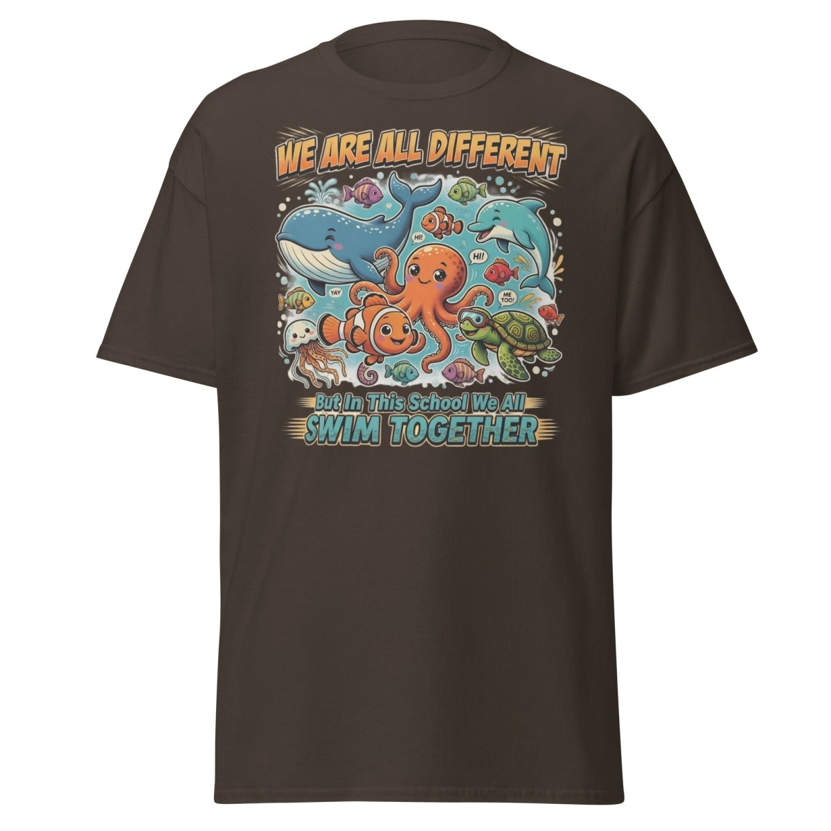 We Are All Different Swim Together Ocean Animals T-Shirt - Dark Chocolate - TeeRipple