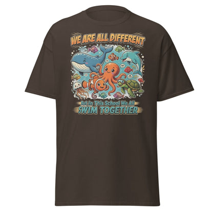 We Are All Different Swim Together Ocean Animals T-Shirt - Dark Chocolate - TeeRipple