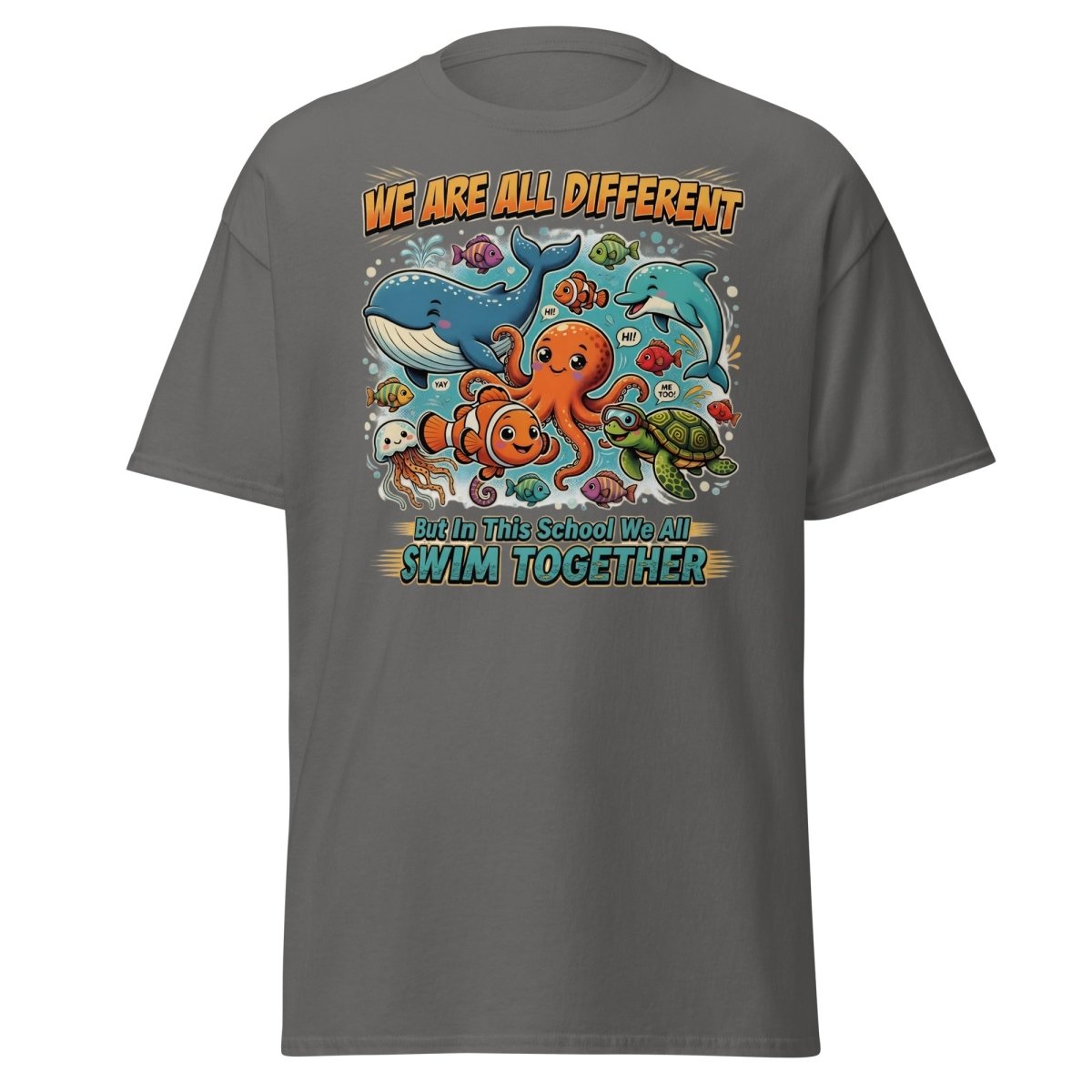 We Are All Different Swim Together Ocean Animals T-Shirt - Charcoal - TeeRipple