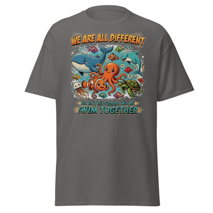 We Are All Different Swim Together Ocean Animals T-Shirt - Charcoal - TeeRipple