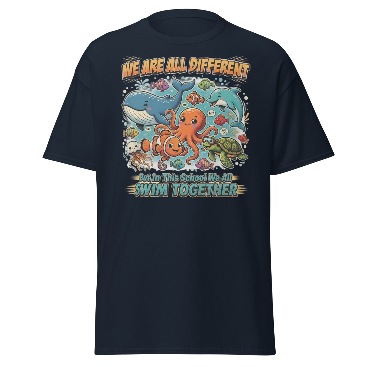 We Are All Different Swim Together Ocean Animals T-Shirt - Navy - TeeRipple