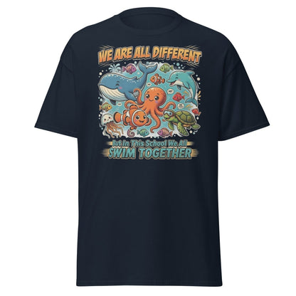 We Are All Different Swim Together Ocean Animals T-Shirt - Navy - TeeRipple