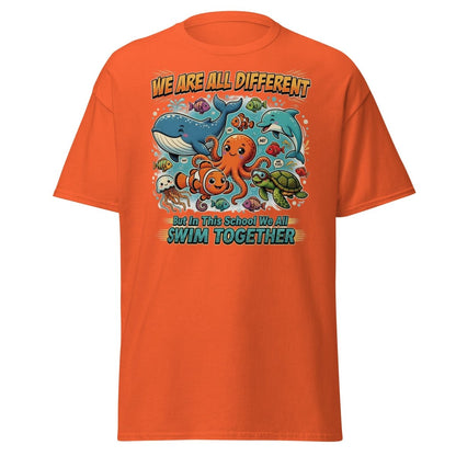 We Are All Different Swim Together Ocean Animals T-Shirt - Orange - TeeRipple