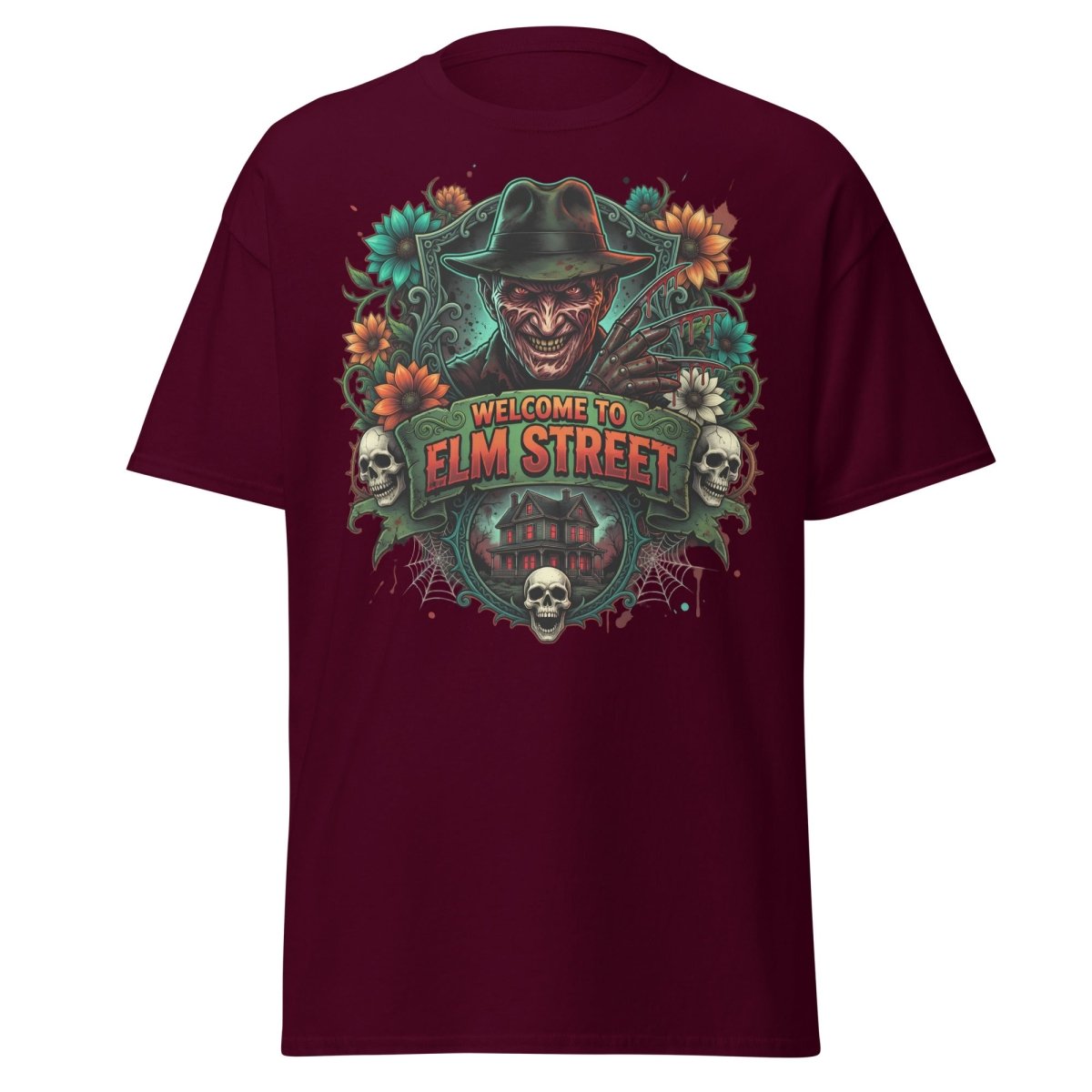 Welcome to Elm Street Freddy Krueger T-Shirt | Horror Tee - Maroon - TeeRipple