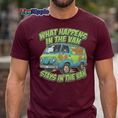 What Happens In The Van Stays In The Van Retro Van T-Shirt - Maroon - TeeRipple