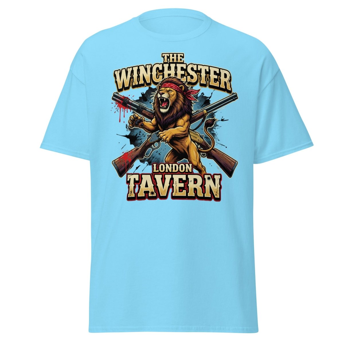 Winchester Lion Tavern T-Shirt - London Pub Guns Graphic - Sky - TeeRipple