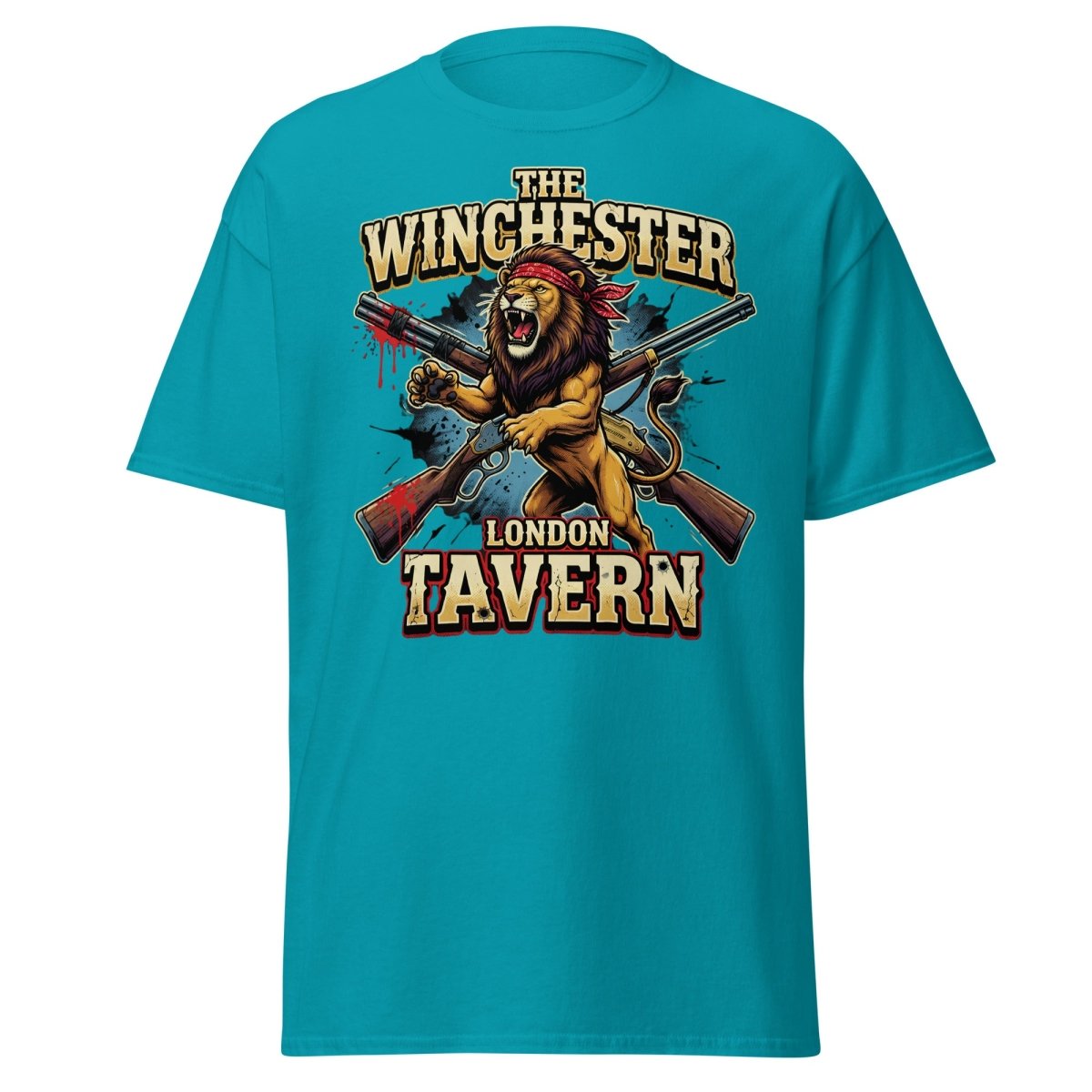 Winchester Lion Tavern T-Shirt - London Pub Guns Graphic - Tropical Blue - TeeRipple