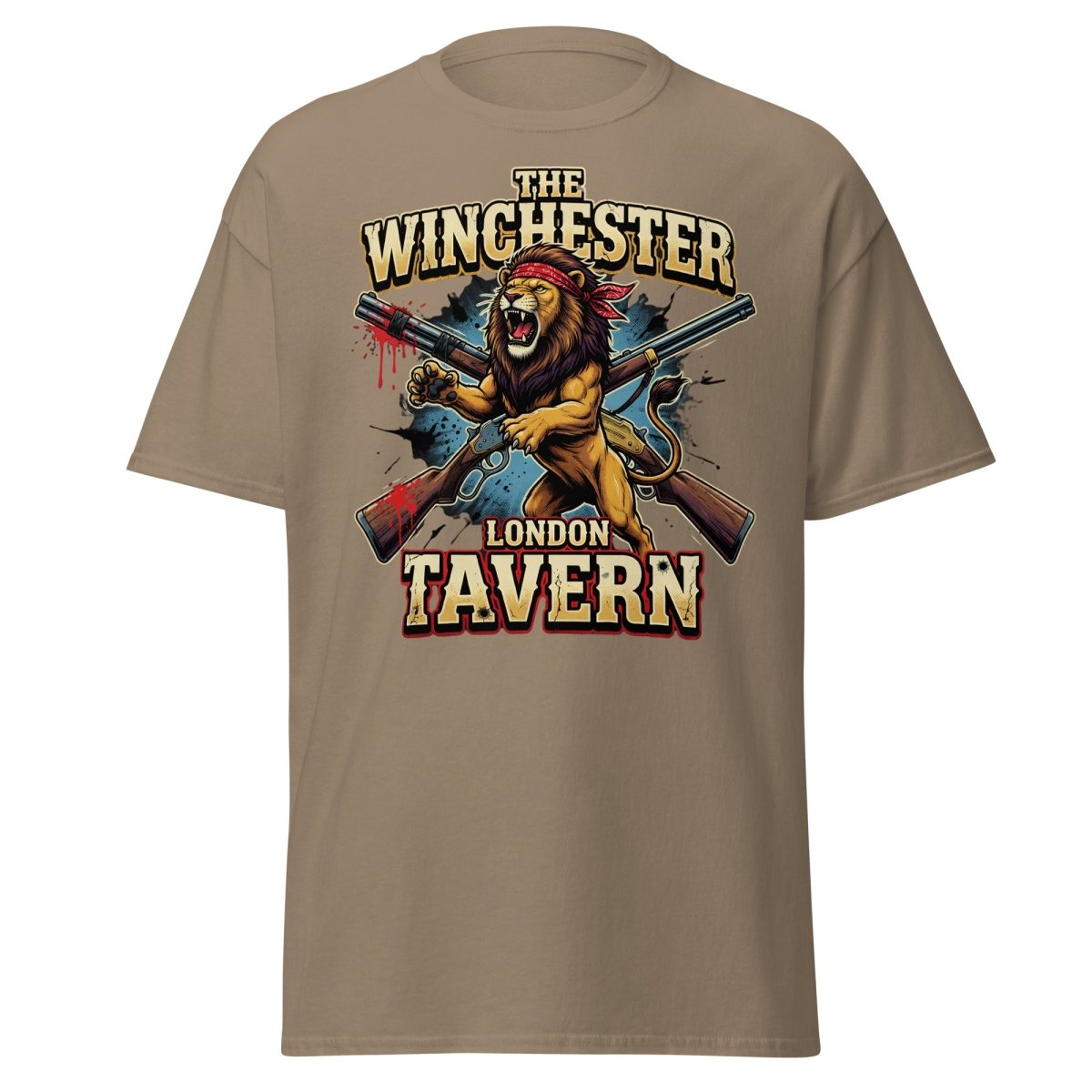Winchester Lion Tavern T-Shirt - London Pub Guns Graphic - Brown Savana - TeeRipple