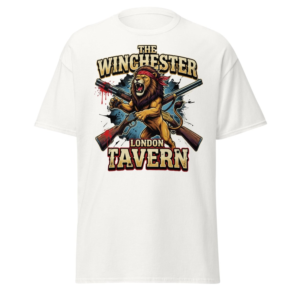 Winchester Lion Tavern T-Shirt - London Pub Guns Graphic - White - TeeRipple