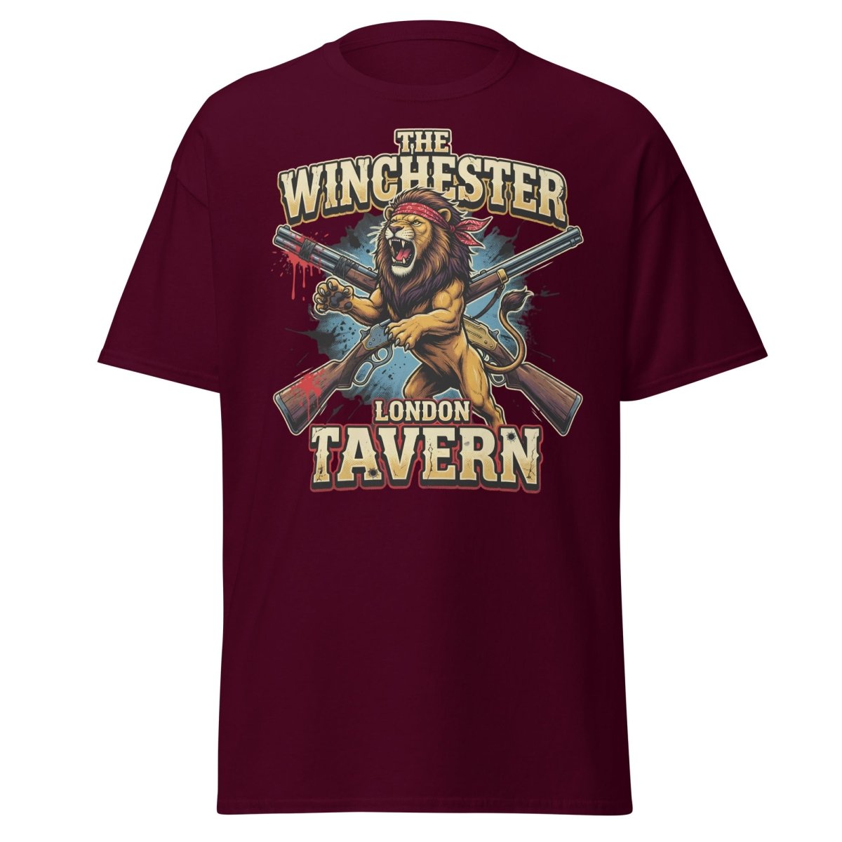 Winchester Lion Tavern T-Shirt - London Pub Guns Graphic - Maroon - TeeRipple