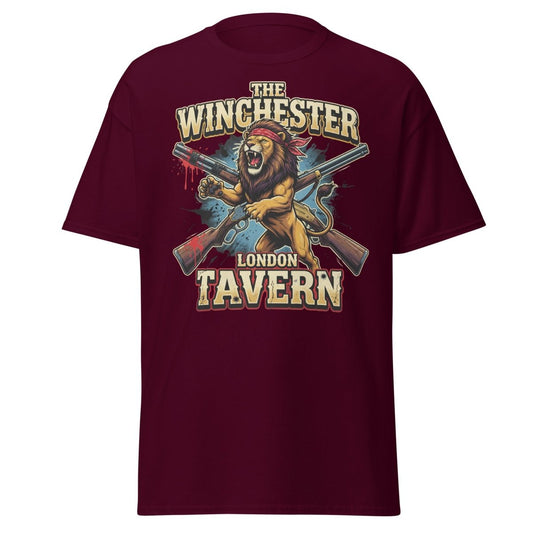 Winchester Lion Tavern T-Shirt - London Pub Guns Graphic - Maroon - TeeRipple