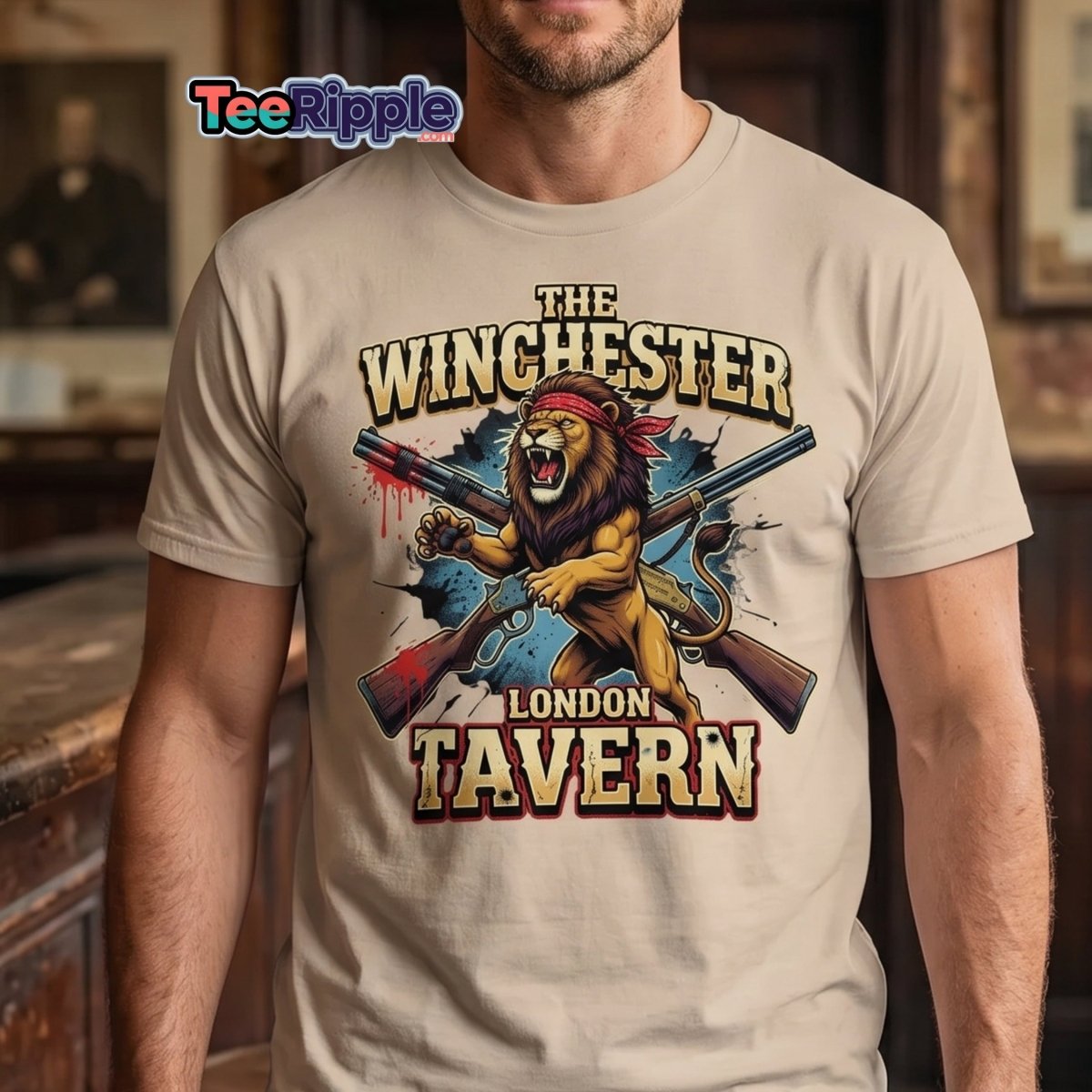 Winchester Lion Tavern T-Shirt - London Pub Guns Graphic - Maroon - TeeRipple