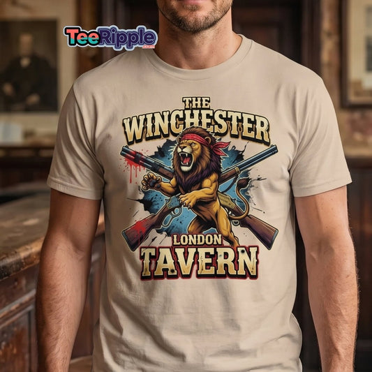 Winchester Lion Tavern T-Shirt - London Pub Guns Graphic - Maroon - TeeRipple