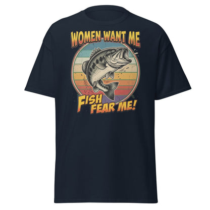 Women Want Me Fish Fear Me T-Shirt | Funny Fishing Bass Tee - Navy - TeeRipple