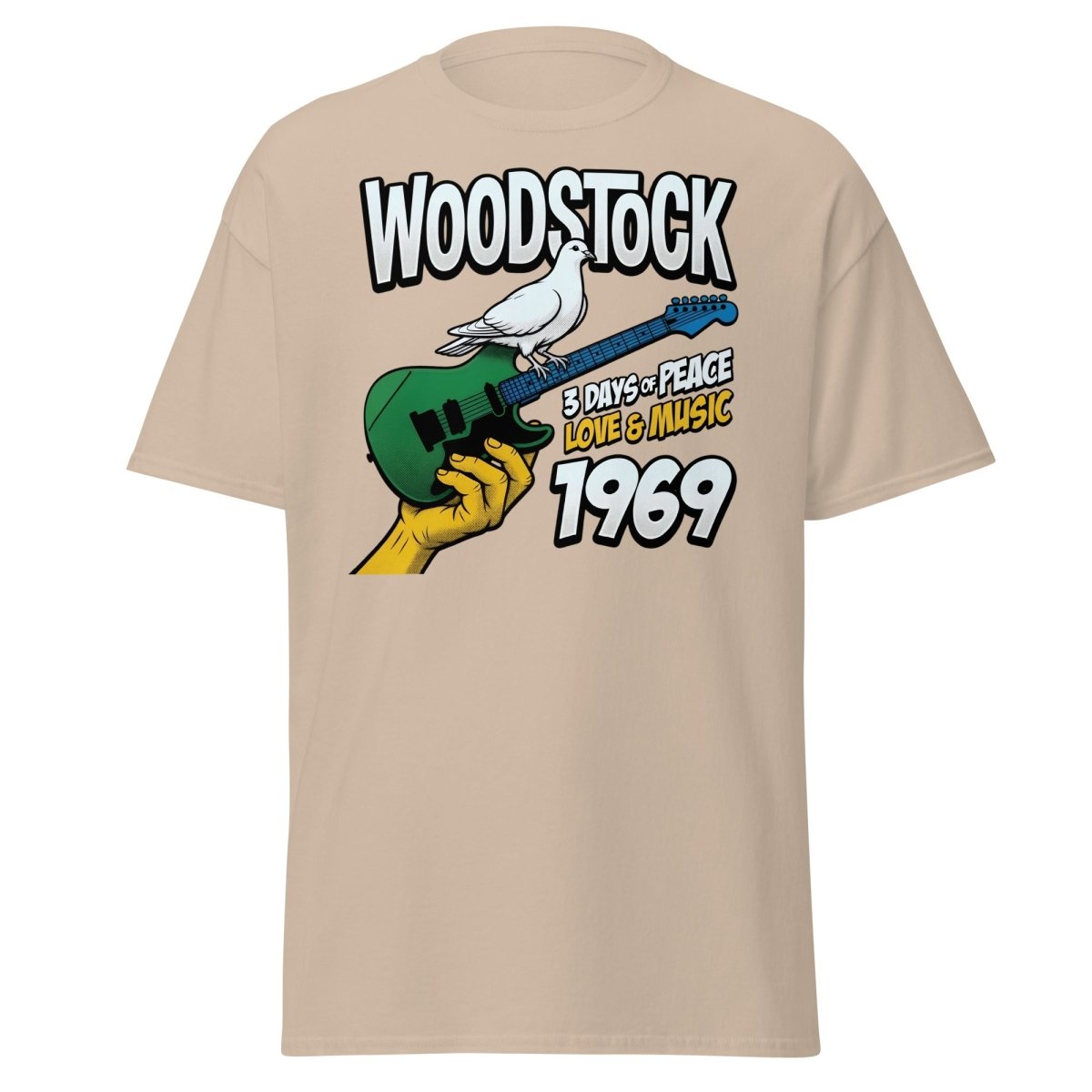 Woodstock 1969 Peace Love Music Dove Guitar T-Shirt - Sand - TeeRipple